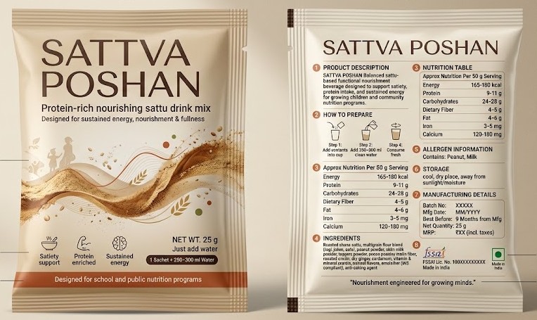 SATTVA POSHAN — protein-rich sattu powder drink mix for school children and community nutrition programs